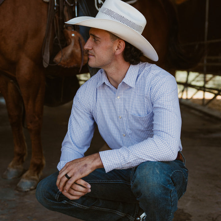 Resistol Performance Shirt - Blue and White Grid - RESISTOL Cowboy Hats